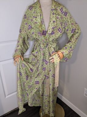 Vintage 60s Silk Flobert Robe Fringe Belt Green Purple Floral Cameo